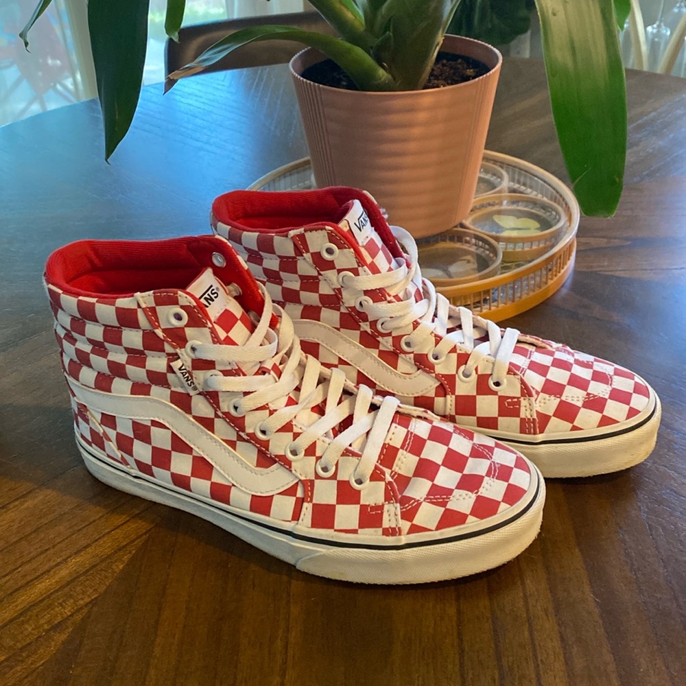 Vans Red and White Checkered High-Top Sneakers